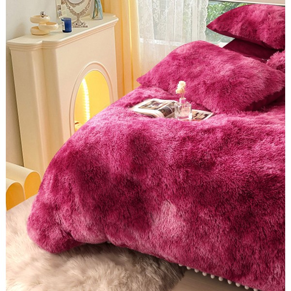 Lenjerie Fluffy Grena-Alb 6 Piese Pat Dublu – Moale, Călduroasă și Elegantă, LCF-010