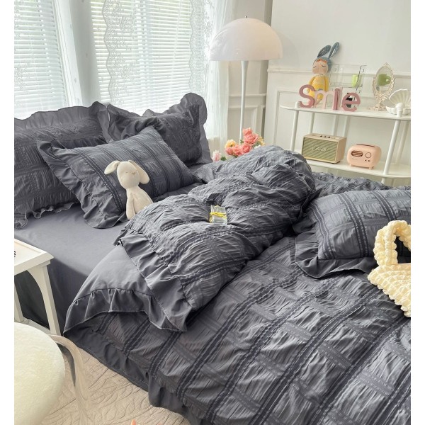 Lenjerie de Pat Creponata, Bumbac, 2 Persoane, 6 Piese, Gri,inchis, LFC-002