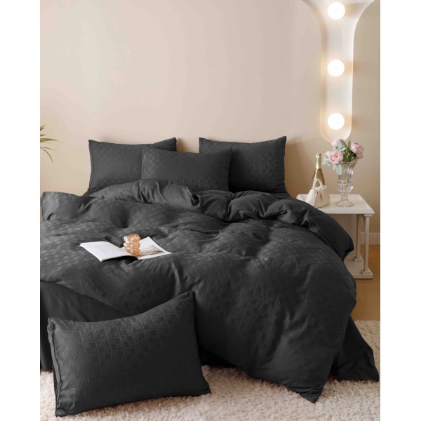 Set Lenjerie de Pat, Bumbac Tip Jacquard Finetat, 6 Piese, Negru, LDJ-011