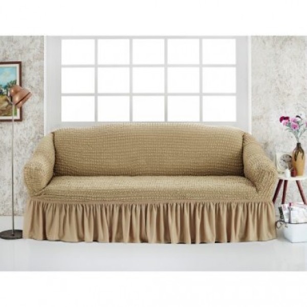Husa Creponata cu Volan pentru Canapea 3 Locuri, Crem inchis, HCV-007