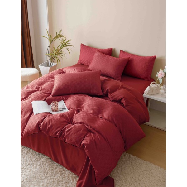 Set Lenjerie de Pat, Bumbac Tip Jacquard Finetat, 6 Piese, Rosu, LDJ-013