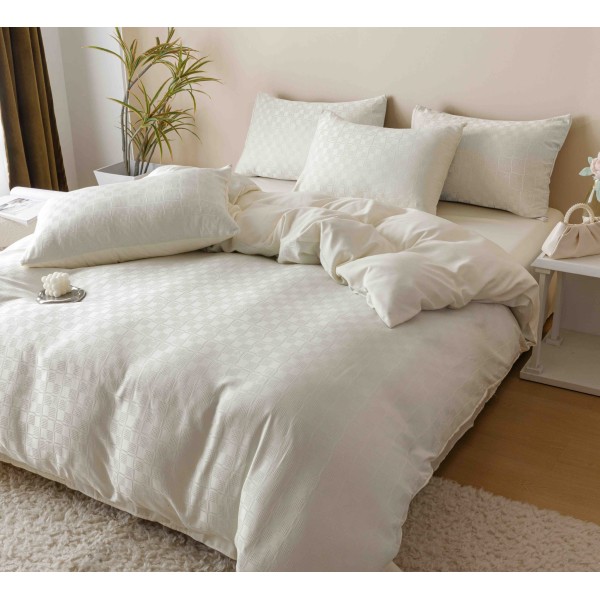 Set Lenjerie de Pat, Bumbac Tip Jacquard Finetat, 6 Piese, Crem, LDJ-005