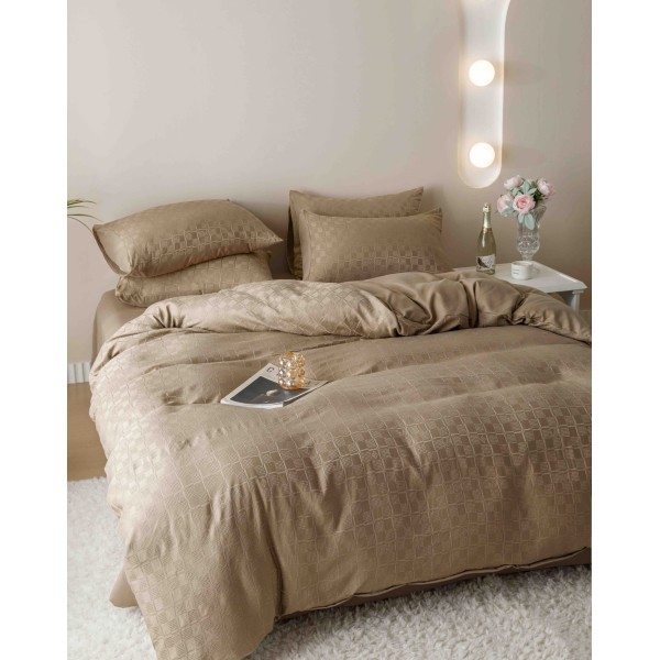 Set Lenjerie de Pat, Bumbac Tip Jacquard Finetat, 6 Piese, Bej, LDJ-051