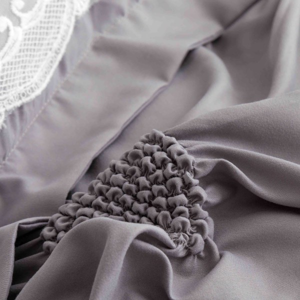 Lenjerie pat dublu finet 6 piese cu pliuri, inimioare și broderie-gri, LIB-022