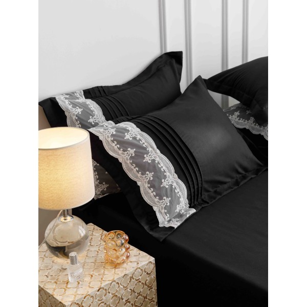 Lenjerie pat dublu finet 6 piese cu pliuri, inimioare și broderie-negru, LIB-018
