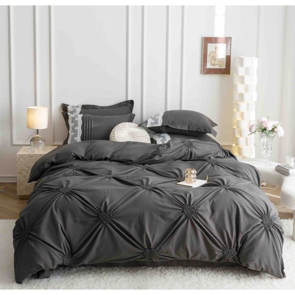 Lenjerie pat dublu finet 6 piese cu pliuri, inimioare și broderie-gri antracit, LIB-020