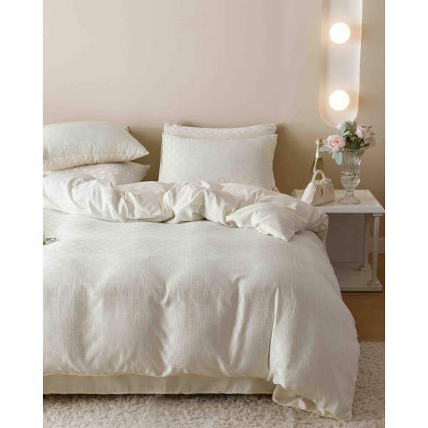 Set Lenjerie de Pat, Bumbac Tip Jacquard Finetat, 6 Piese, Crem, LDJ-005