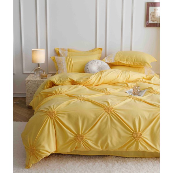 Lenjerie pat dublu finet 6 piese cu pliuri, inimioare și broderie-galben, LIB-017