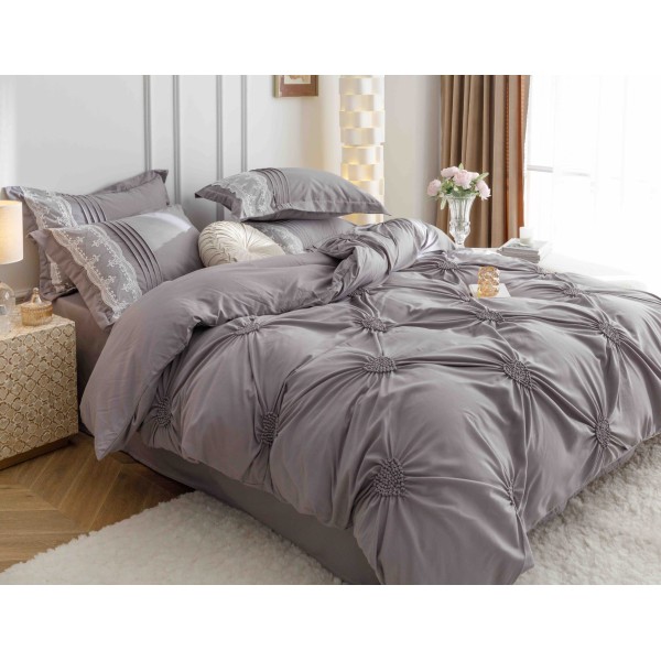 Lenjerie pat dublu finet 6 piese cu pliuri, inimioare și broderie-gri, LIB-022