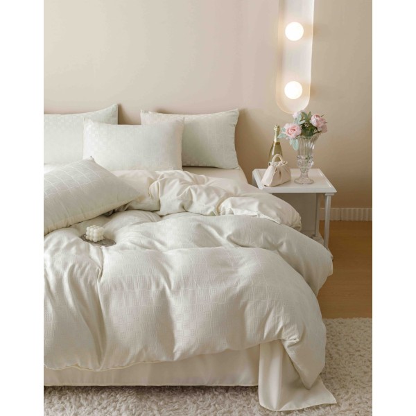 Set Lenjerie de Pat, Bumbac Tip Jacquard Finetat, 6 Piese, Crem, LDJ-005