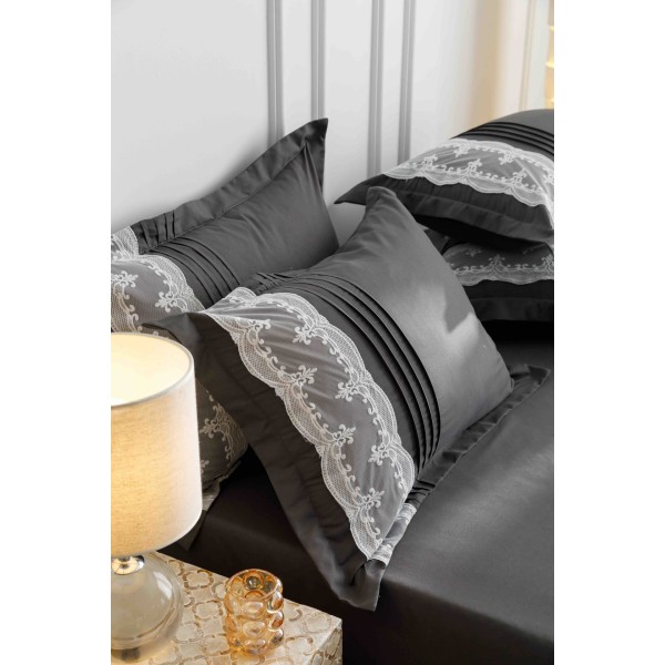 Lenjerie pat dublu finet 6 piese cu pliuri, inimioare și broderie-gri antracit, LIB-020