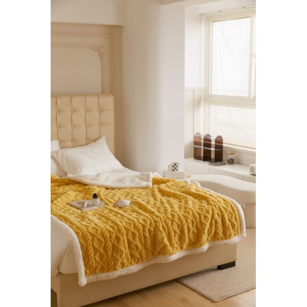 Patura Cocolino cu Blanita, Model Tricotat, Pat 2 Persoane, 200x230 cm, Galben, PCT-006