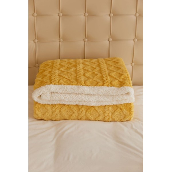 Patura Cocolino cu Blanita, Model Tricotat, Pat 2 Persoane, 200x230 cm, Galben, PCT-006