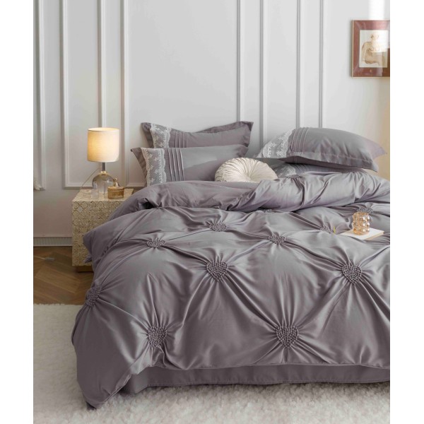 Lenjerie pat dublu finet 6 piese cu pliuri, inimioare și broderie-gri, LIB-022