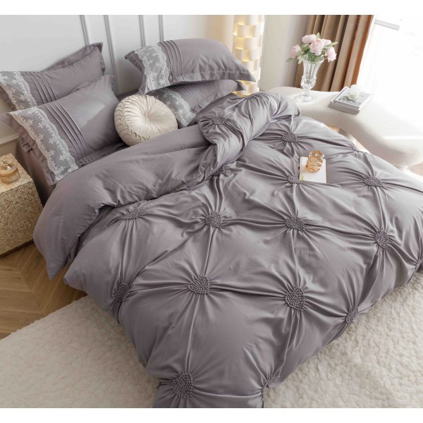 Lenjerie pat dublu finet 6 piese cu pliuri, inimioare și broderie-gri, LIB-022