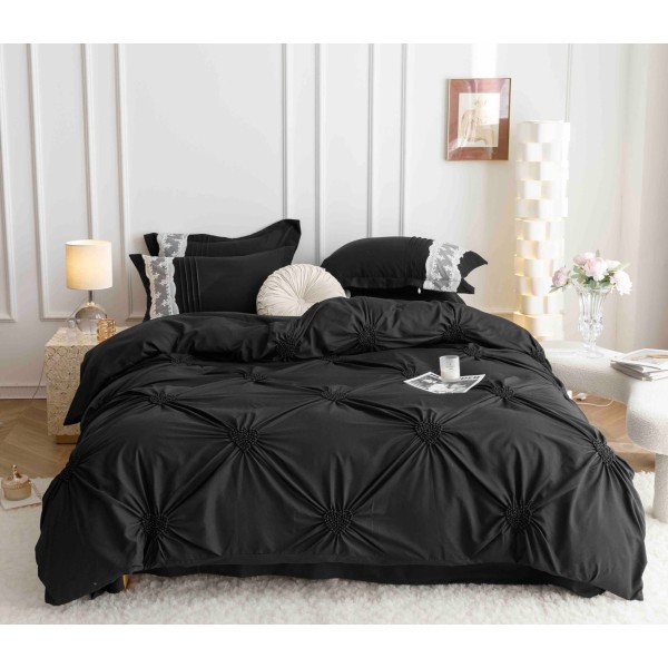 Lenjerie pat dublu finet 6 piese cu pliuri, inimioare și broderie-negru, LIB-018