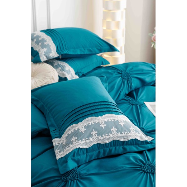 Lenjerie pat dublu finet 6 piese cu pliuri, inimioare și broderie-turcoaz inchis, LIB-019