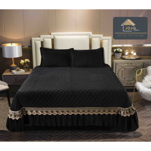 Cuvertura pat dublu, 3 piese, Catifea Matlasata cu Broderie Aurie, 250x270cm, Negru, CCB-025