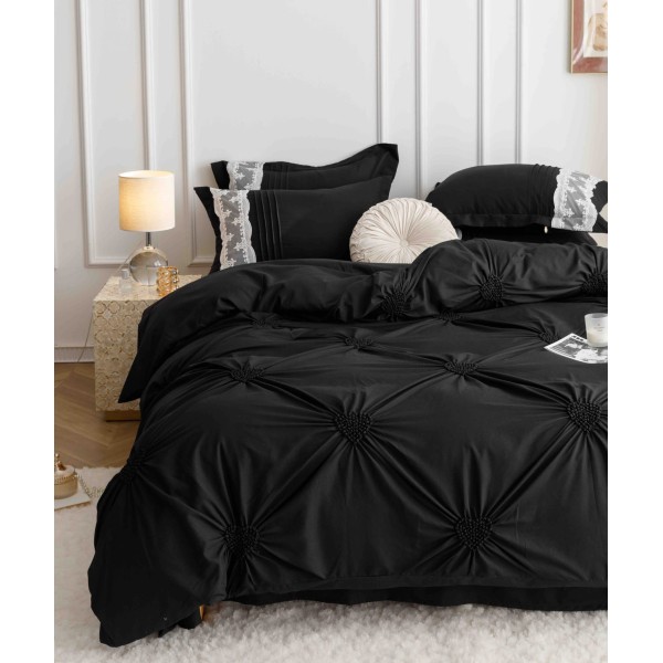 Lenjerie pat dublu finet 6 piese cu pliuri, inimioare și broderie-negru, LIB-018