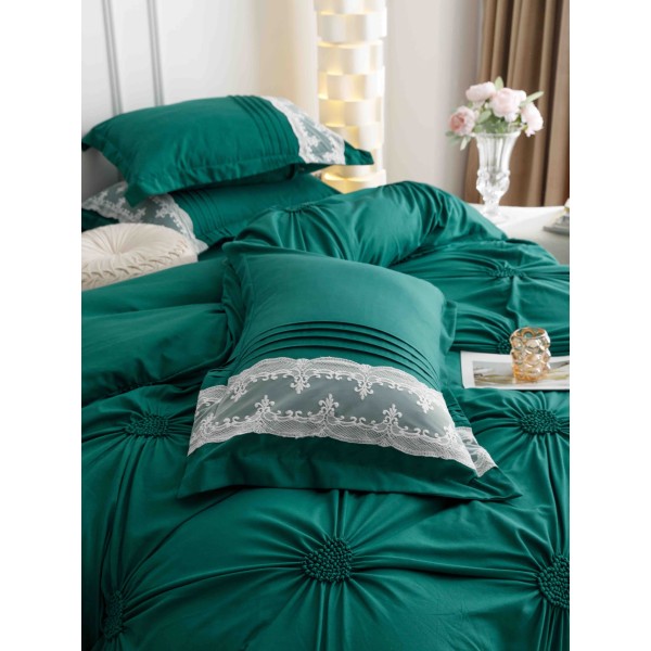 Lenjerie pat dublu finet 6 piese cu pliuri, inimioare și broderie-verde smarald, LIB-029