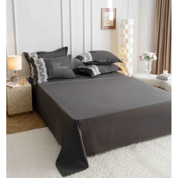 Lenjerie pat dublu finet 6 piese cu pliuri, inimioare și broderie-gri antracit, LIB-020