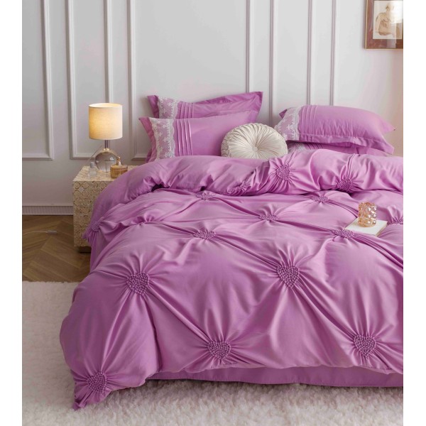 Lenjerie pat dublu finet 6 piese cu pliuri, inimioare și broderie-lila, LIB-026