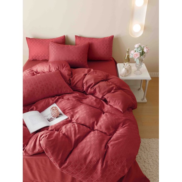 Set Lenjerie de Pat, Bumbac Tip Jacquard Finetat, 6 Piese, Rosu, LDJ-013