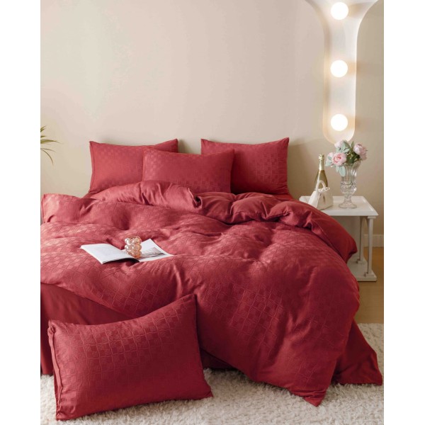 Set Lenjerie de Pat, Bumbac Tip Jacquard Finetat, 6 Piese, Rosu, LDJ-013