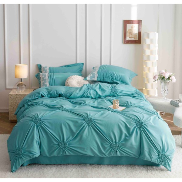 Lenjerie pat dublu finet 6 piese cu pliuri, inimioare și broderie-verde menta, LIB-023