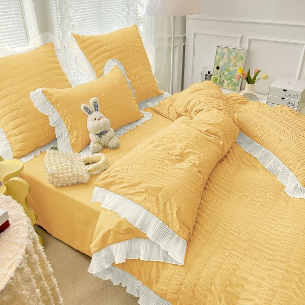 Lenjerie Bumbac Creponat, 6 Piese, Pat 2 Persoane, Galben, LFC-010