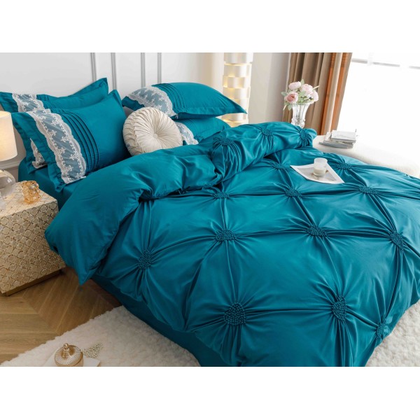 Lenjerie pat dublu finet 6 piese cu pliuri, inimioare și broderie-turcoaz inchis, LIB-019