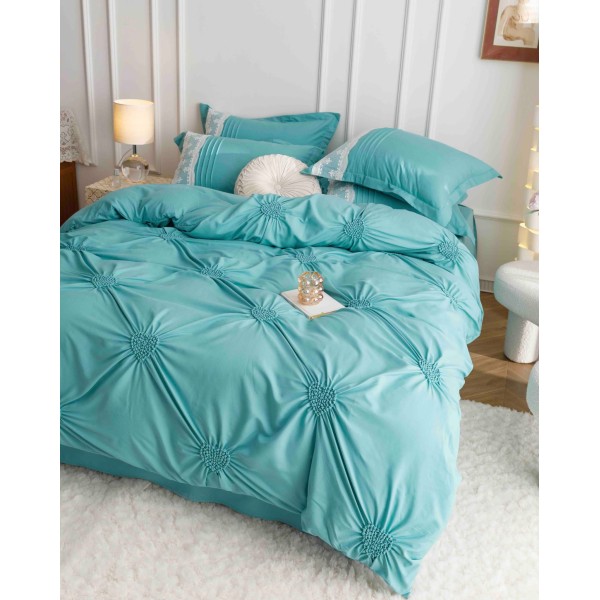 Lenjerie pat dublu finet 6 piese cu pliuri, inimioare și broderie-verde menta, LIB-023