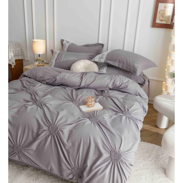 Lenjerie pat dublu finet 6 piese cu pliuri, inimioare și broderie-gri, LIB-022