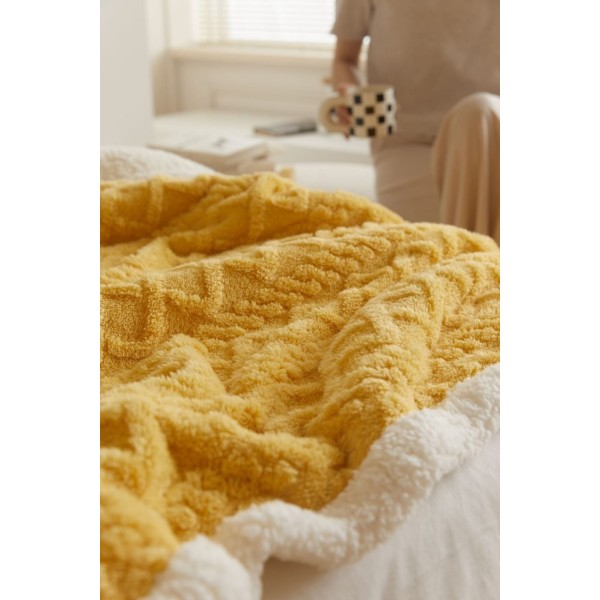 Patura Cocolino cu Blanita, Model Tricotat, Pat 2 Persoane, 200x230 cm, Galben, PCT-006