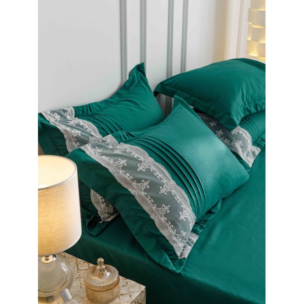 Lenjerie pat dublu finet 6 piese cu pliuri, inimioare și broderie-verde smarald, LIB-029