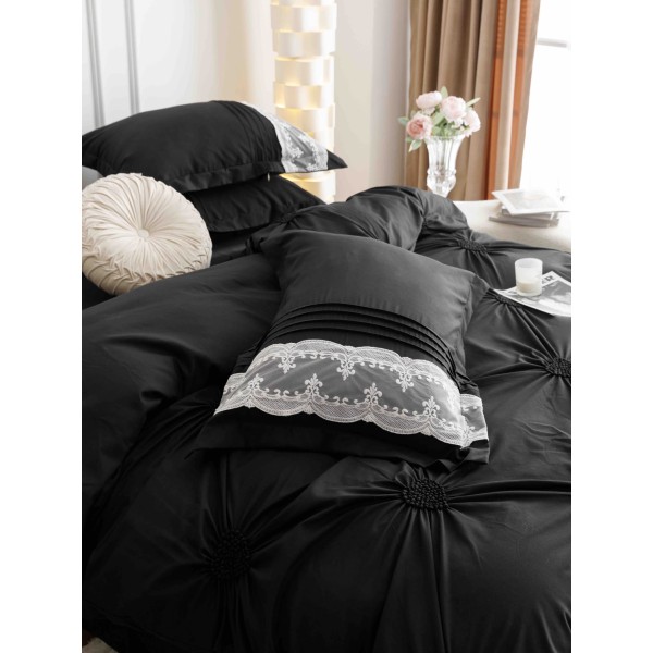 Lenjerie pat dublu finet 6 piese cu pliuri, inimioare și broderie-negru, LIB-018