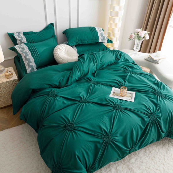 Lenjerie pat dublu finet 6 piese cu pliuri, inimioare și broderie-verde smarald, LIB-029