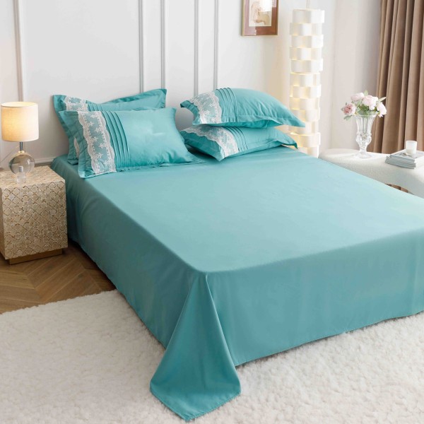 Lenjerie pat dublu finet 6 piese cu pliuri, inimioare și broderie-verde menta, LIB-023