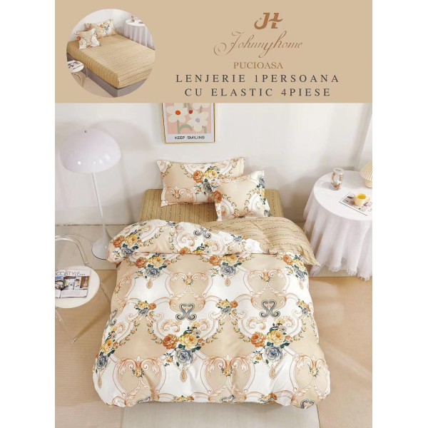 Lenjerie Finet, 4 Piese, Pat 1 persoana, cearsaf cu ELASTIC, Crem-Bej, flori, LOP-029