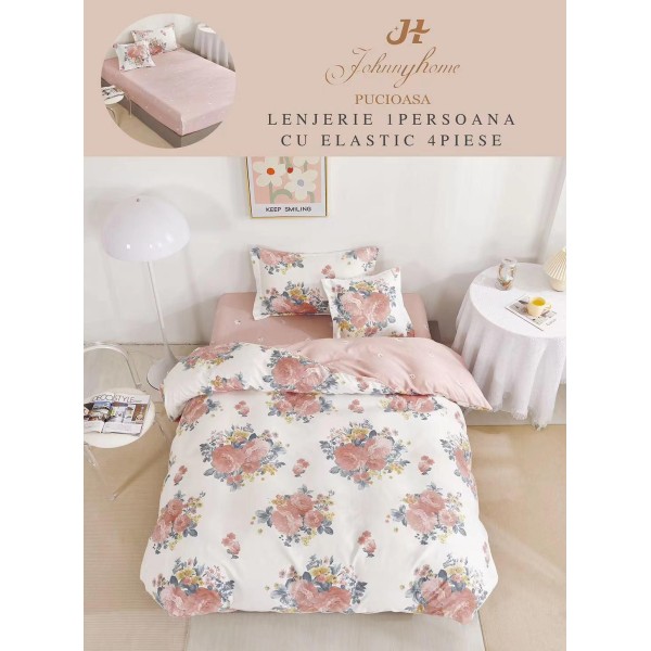 Lenjerie Finet, 4 Piese, Pat 1 persoana, cearsaf cu ELASTIC, Crem-Multicolor, flori, LOP-001
