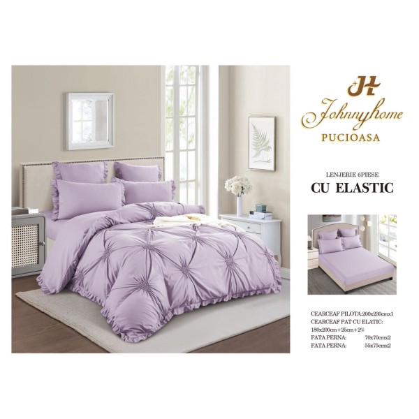 Lenjerie pat dublu finet 6 piese cu volănaș, inimioare brodate și cearceaf cu elastic–lila, LDI-046