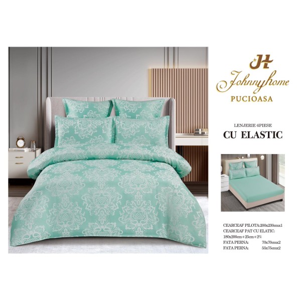 Set lenjerie de pat cu elastic, bumbac tip jacquard, 6 piese, pat 2 persoane, Vernil, LDJ-016