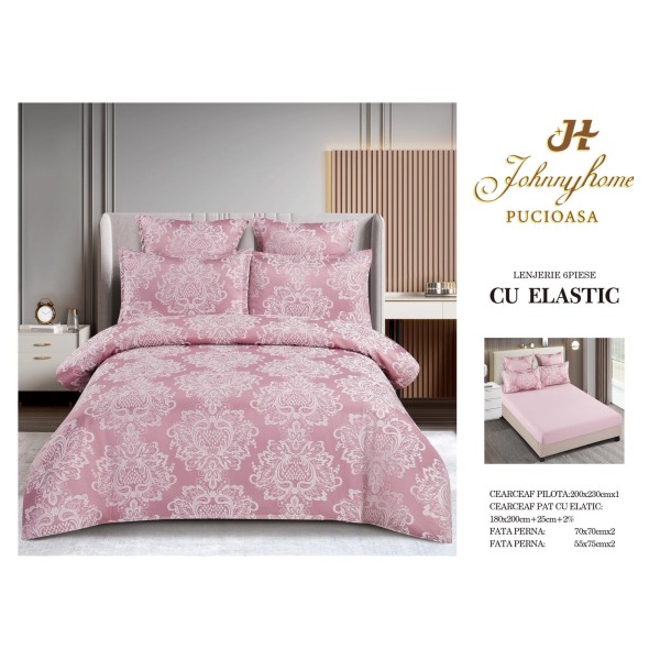 Set lenjerie de pat cu elastic, bumbac tip jacquard, 6 piese, pat 2 persoane, Roz, LDJ-017