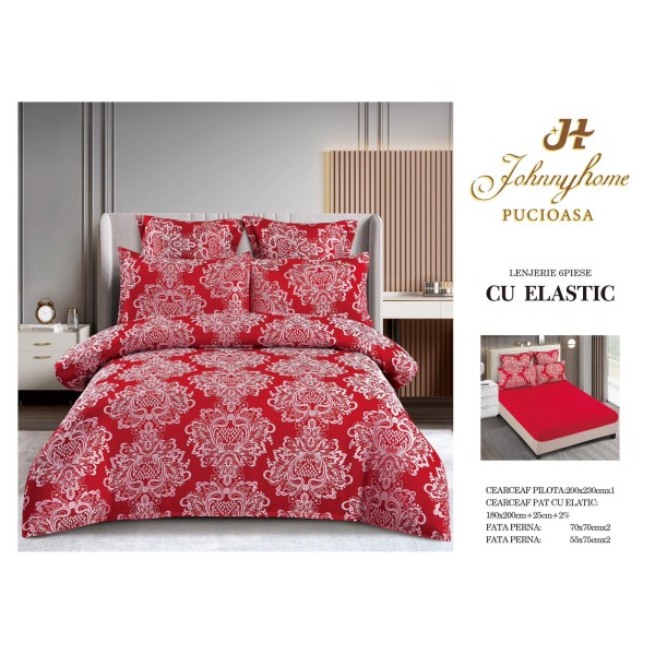 Set lenjerie de pat cu elastic, bumbac tip jacquard, 6 piese, pat 2 persoane, Rosu, LDJ-018