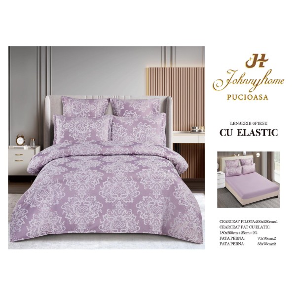 Set lenjerie de pat cu elastic, bumbac tip jacquard, 6 piese, pat 2 persoane, Lila, LDJ-019
