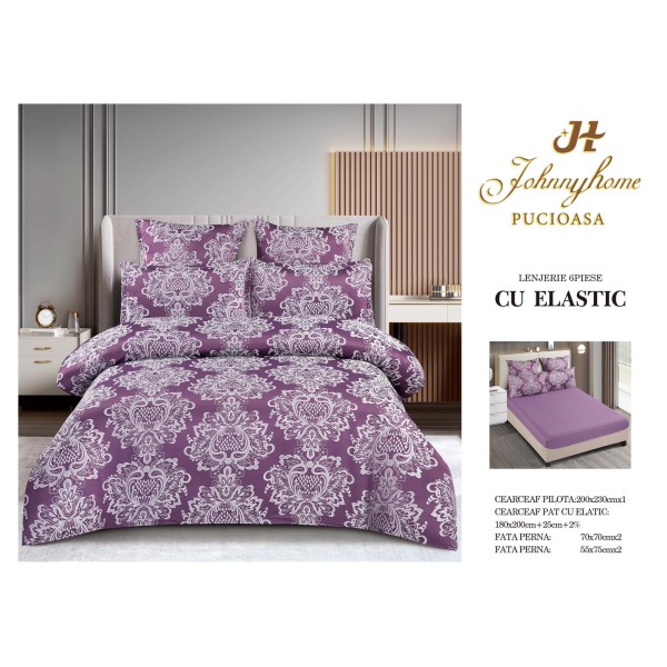 Set lenjerie de pat cu elastic, bumbac tip jacquard, 6 piese, pat 2 persoane, Mov, LDJ-020