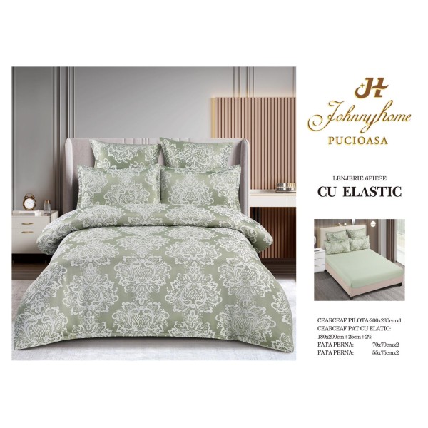 Set lenjerie de pat cu elastic, bumbac tip jacquard, 6 piese, pat 2 persoane, Verde deschis, LDJ-021
