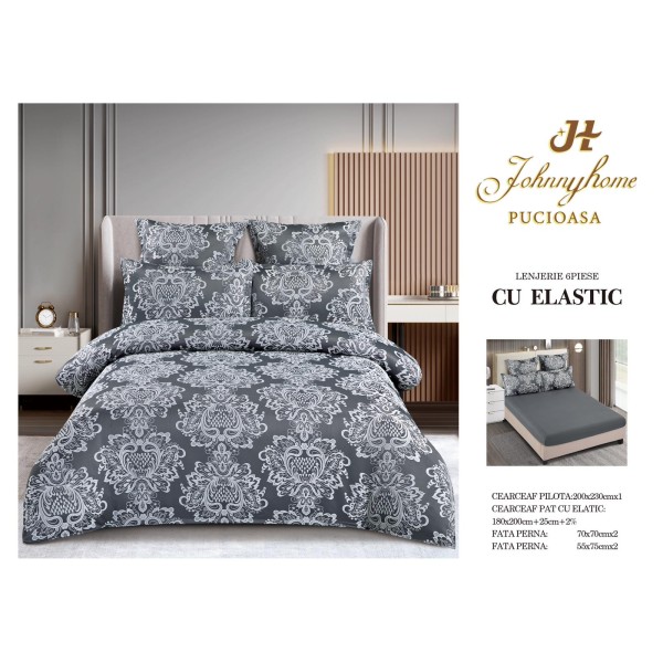 Set lenjerie de pat cu elastic, bumbac tip jacquard, 6 piese, pat 2 persoane, Gri, LDJ-024