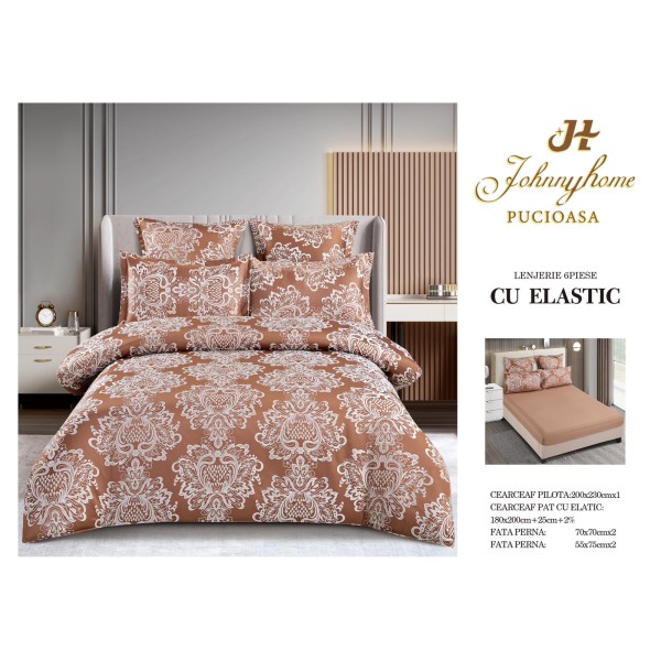 Set lenjerie de pat cu elastic, bumbac tip jacquard, 6 piese, pat 2 persoane, Bej, LDJ-025