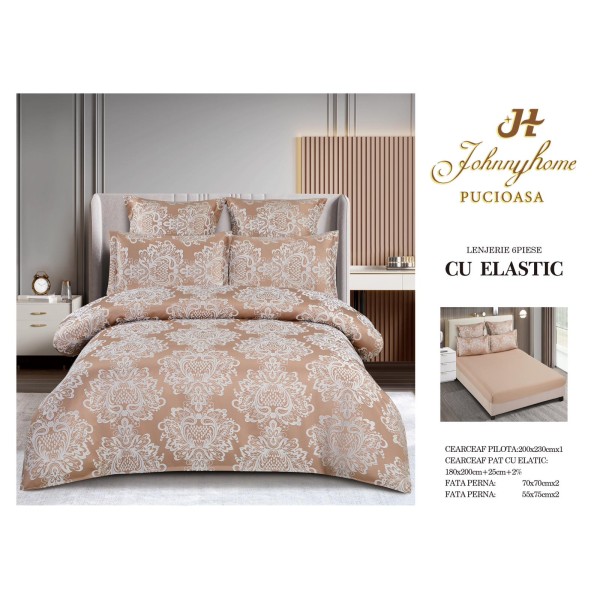 Set lenjerie de pat cu elastic, bumbac tip jacquard, 6 piese, pat 2 persoane, Crem, LDJ-026